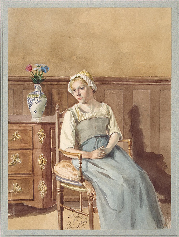 Вьерлинг, А. - Интерьер с сидящей в кресле женщиной в национальном костюме