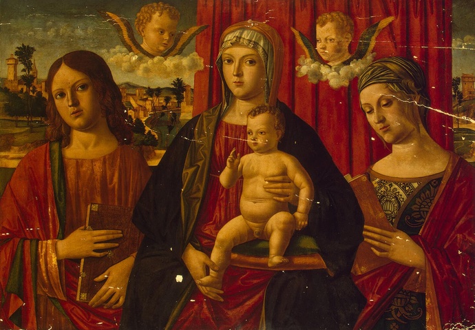 Мансуети, Джованни ди Никколо - Мадонна с младенцем, св. Иоанном Евангелистом и неизвестной святой