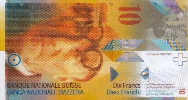 Швейцарский франк. Купюра номиналом в 10 CHF, аверс (лицевая сторона). 