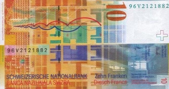Швейцарский франк. Купюра номиналом в 10 CHF, реверс