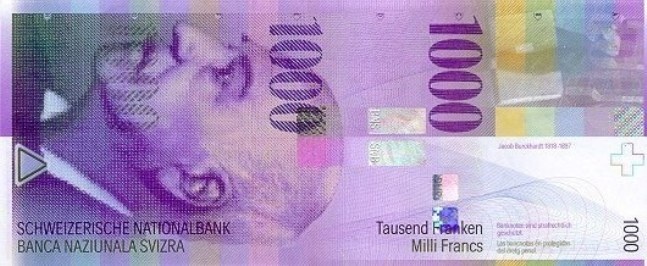 Швейцарский франк. Купюра номиналом в 1000 CHF, аверс (лицевая сторона). 