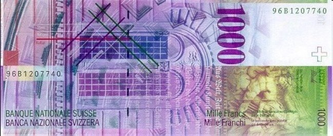 Швейцарский франк. Купюра номиналом в 1000 CHF, реверс