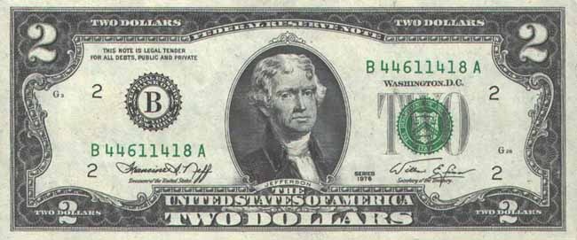 Доллар США. Купюра номиналом в 2 USD, аверс (лицевая сторона).
